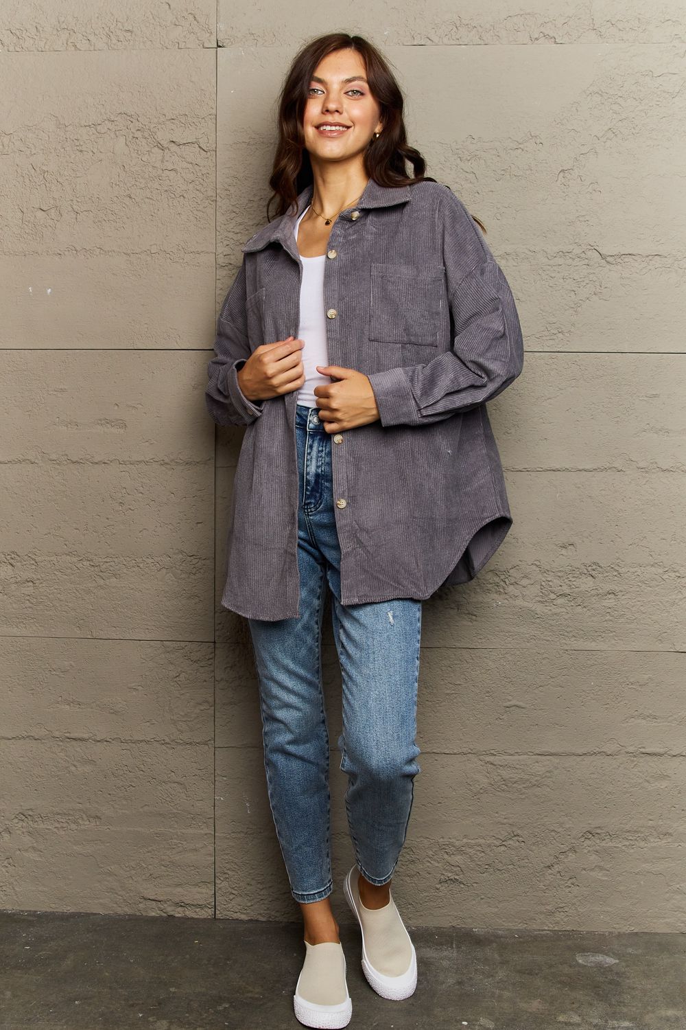 Collared Neck Dropped Shoulder Button-Down | Jacket
