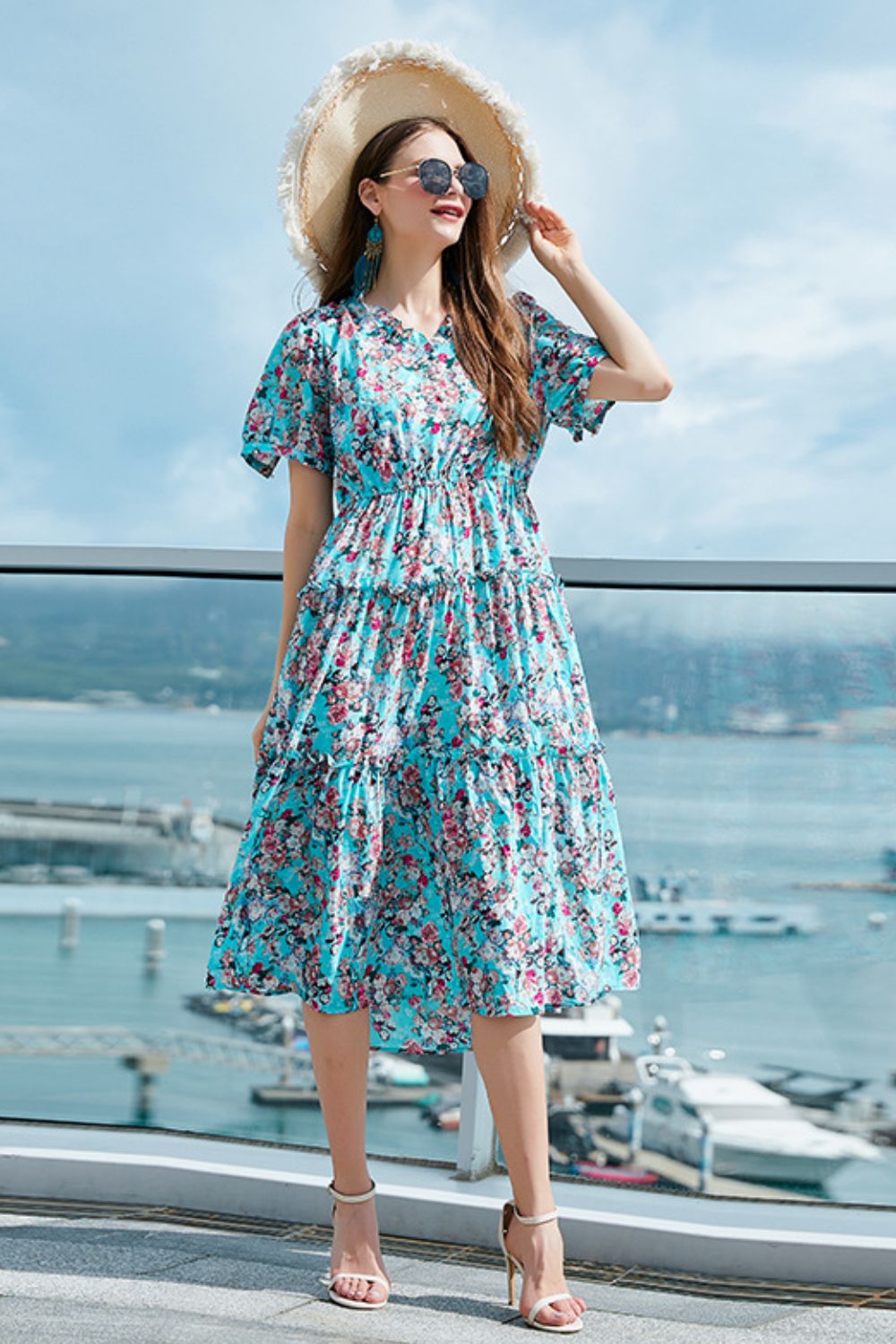 V-Neck Short Sleeve Tiered | Midi Dress