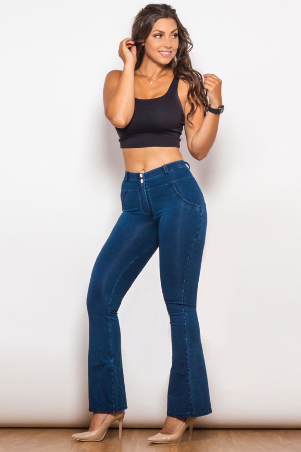 Comfy Huggers Navy Buttoned Flare Long | Jeans