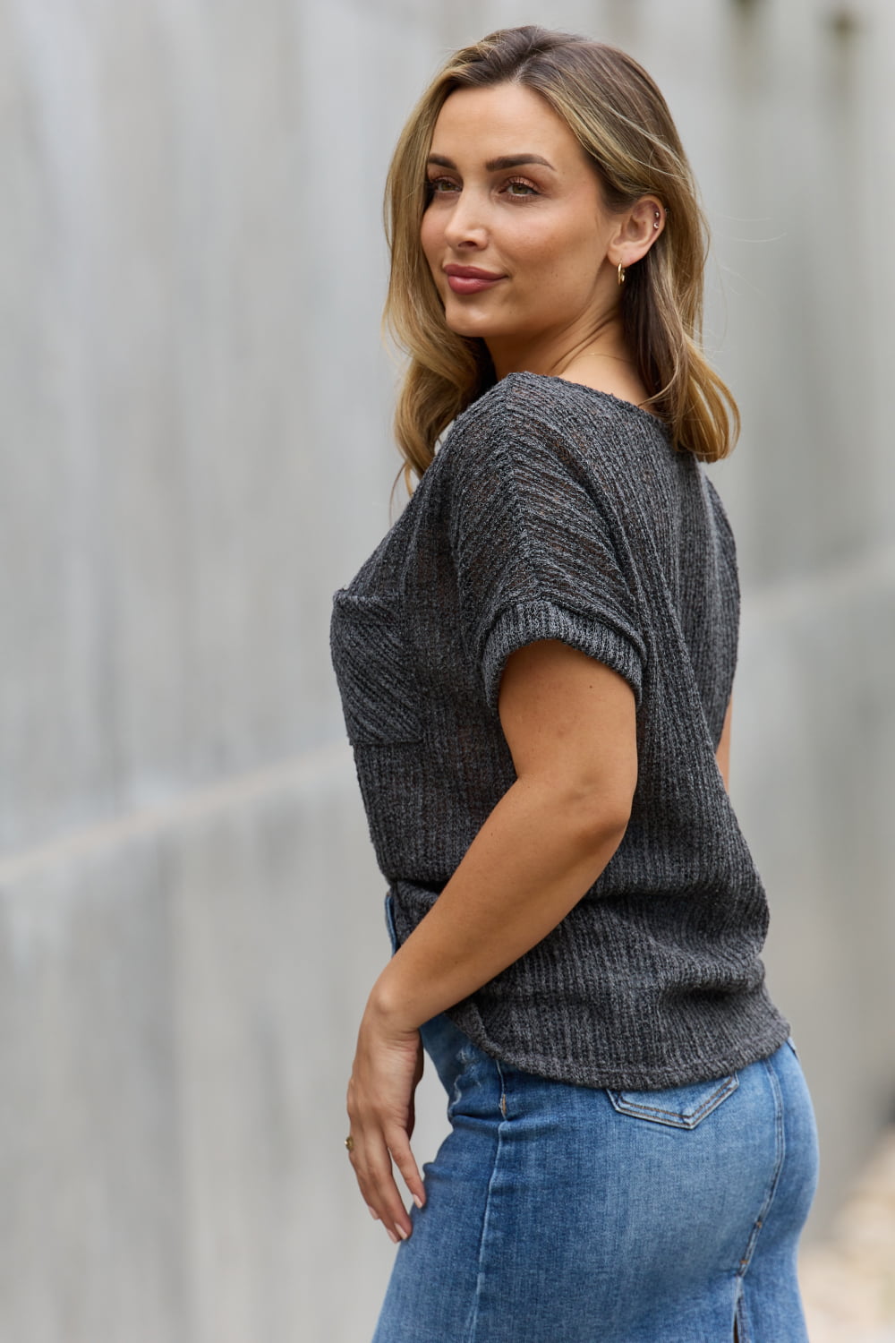 Gray Chunky Knit Short Sleeve | Top