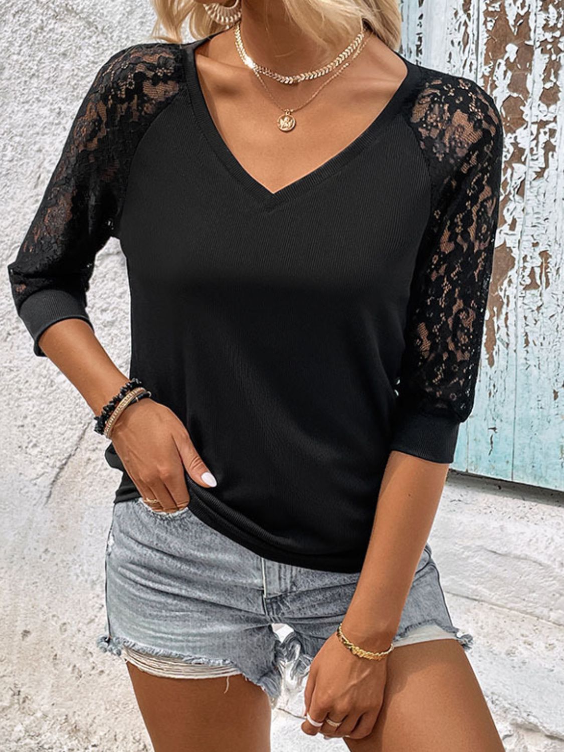 V-Neck Spliced Lace Raglan Sleeve | Top