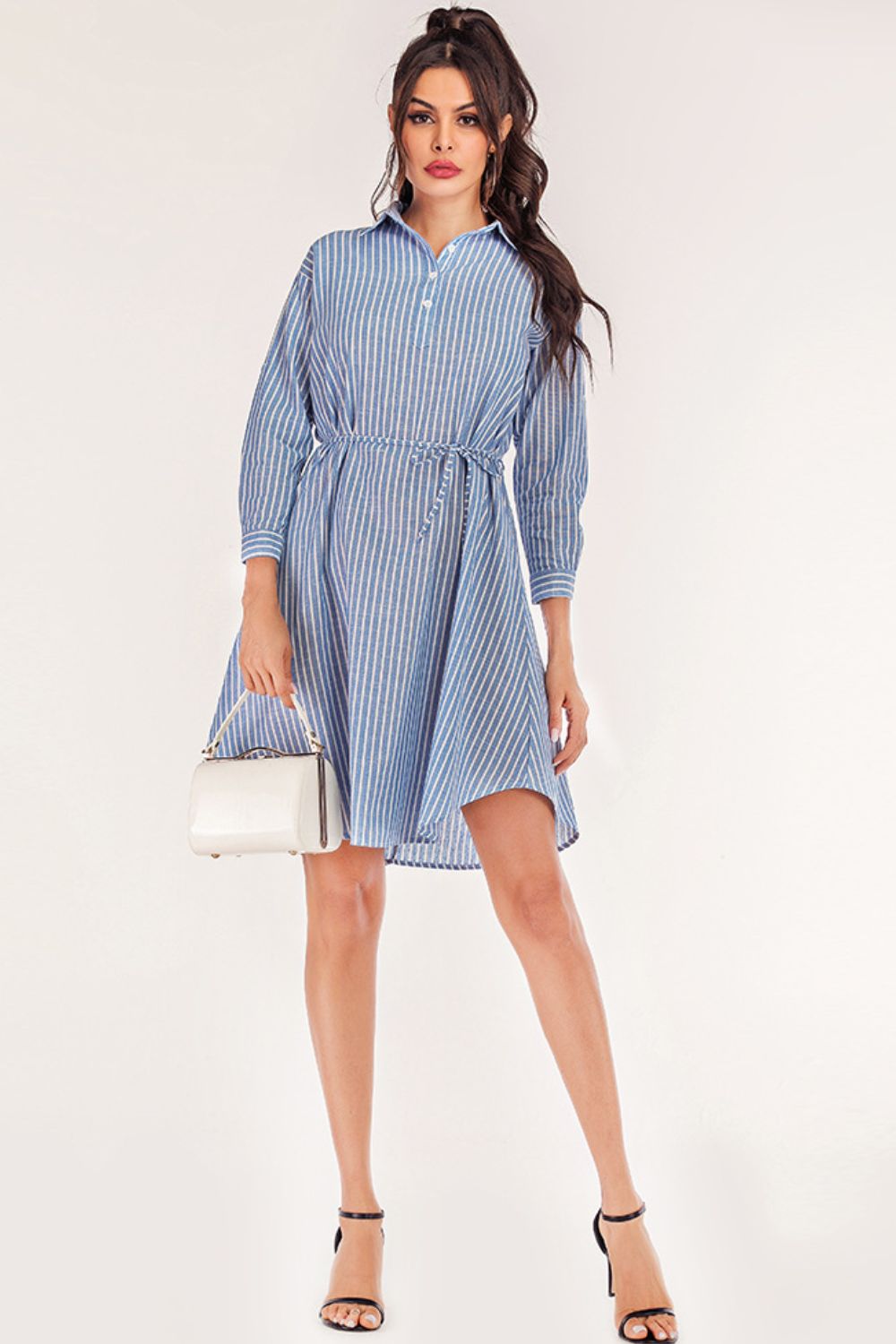 Striped Quarter-Button Roll-Tab Sleeve | Shirt Dress