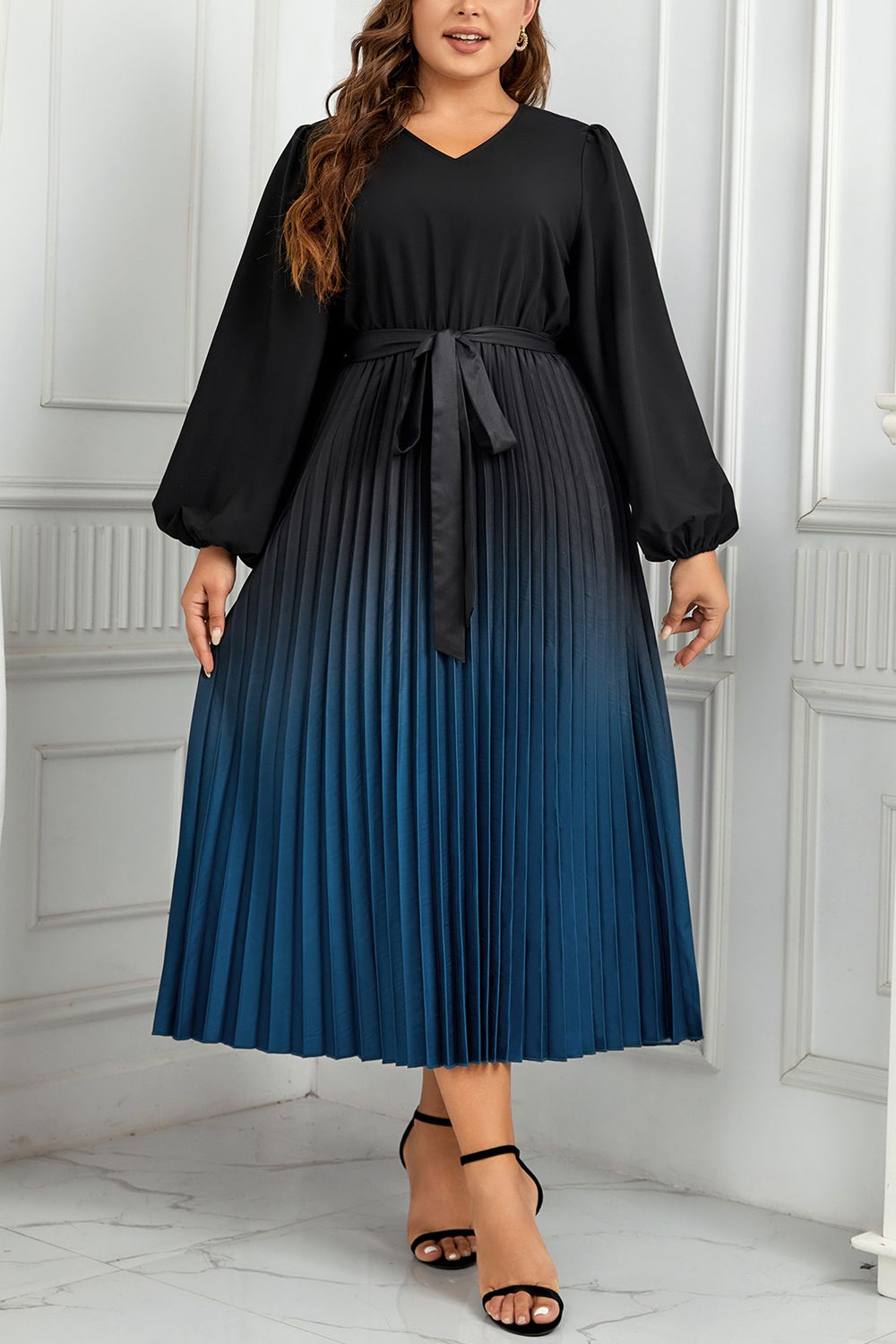V-Neck Long Sleeve Pleated Tie Waist Midi | Dress