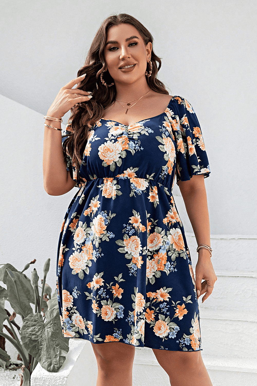 Floral Print V-Neck Flutter Sleeve Mini | Dress