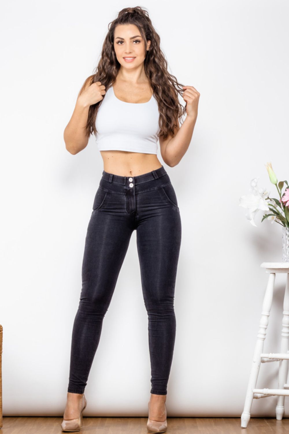 Comfy Huggers Deep Navy Buttoned Skinny Long | Jeans