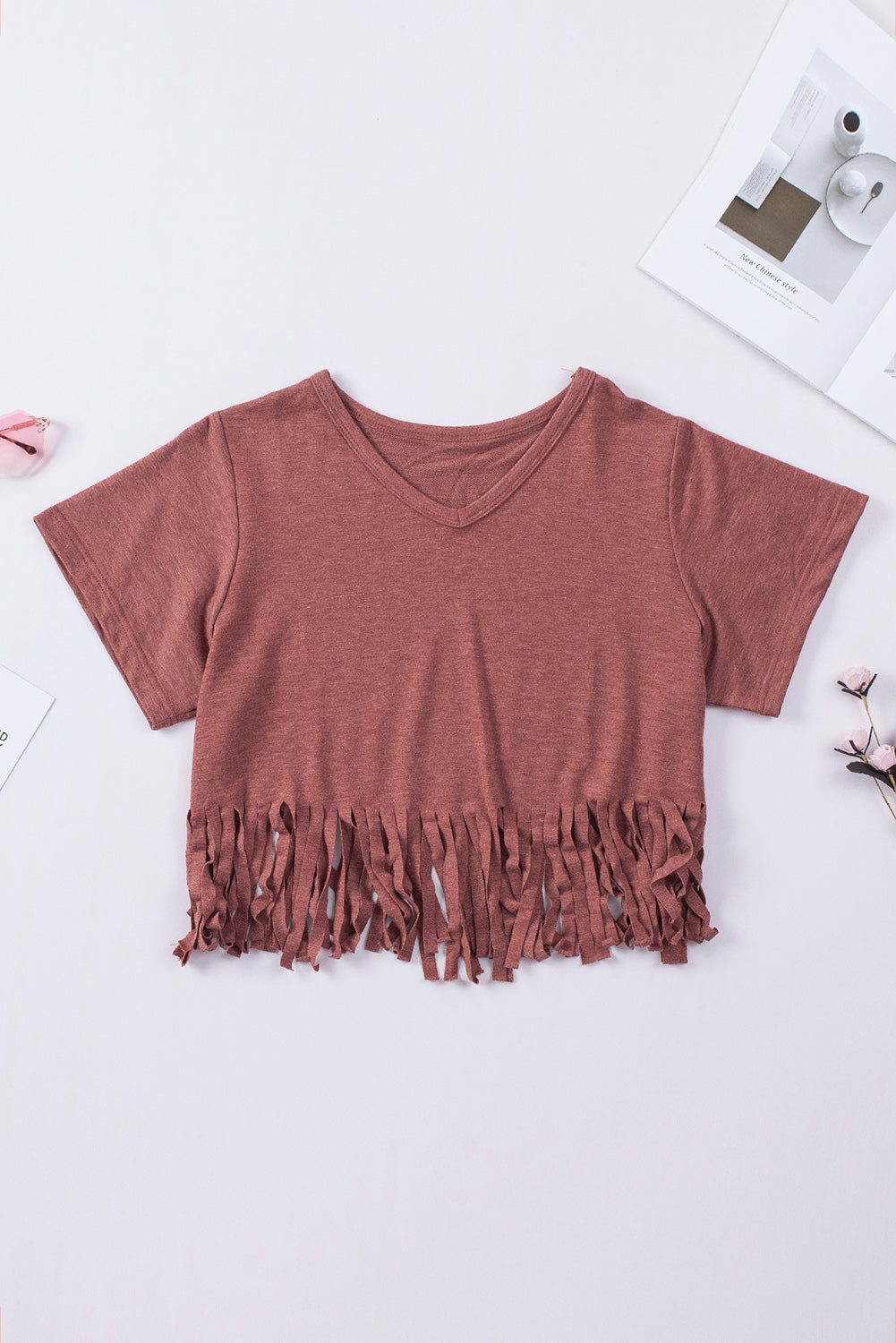 V-Neck Fringe Hem | T-Shirt