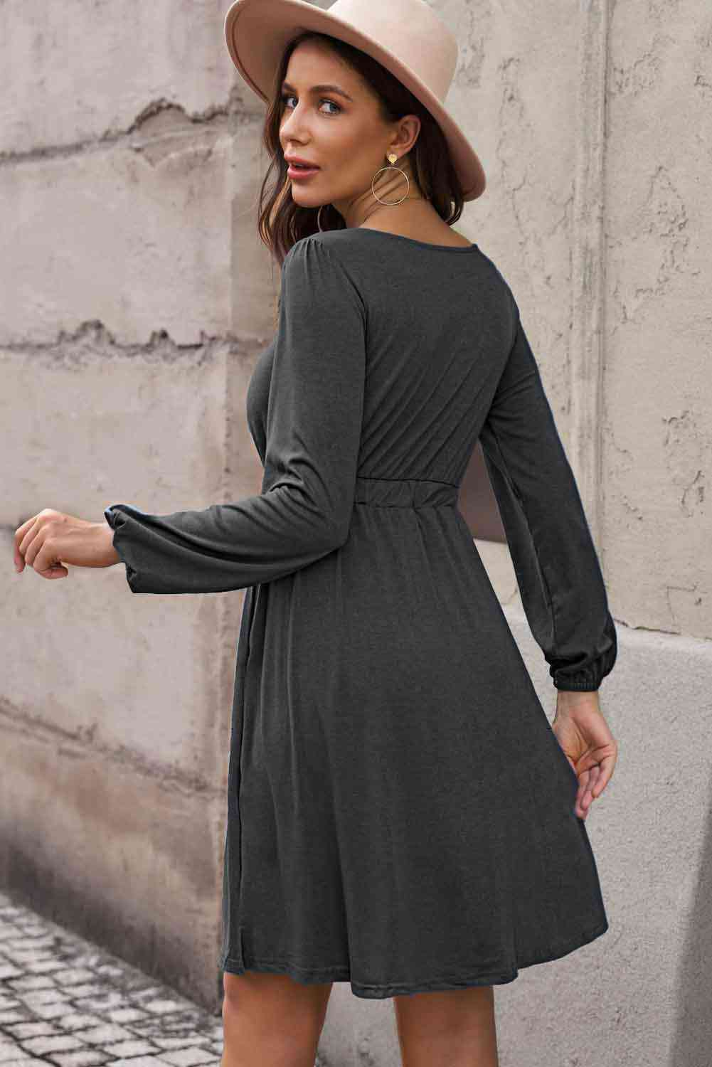 Button Front Elastic Waist Long Sleeve | Dress
