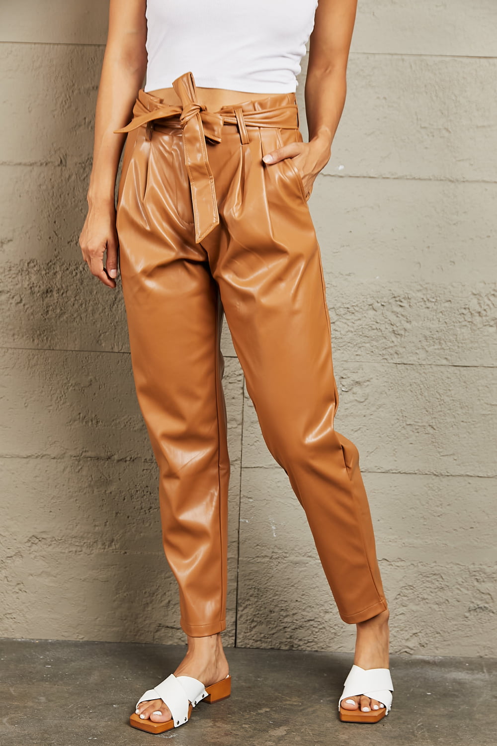 Vegan Leather Paperbag Waist | Pants
