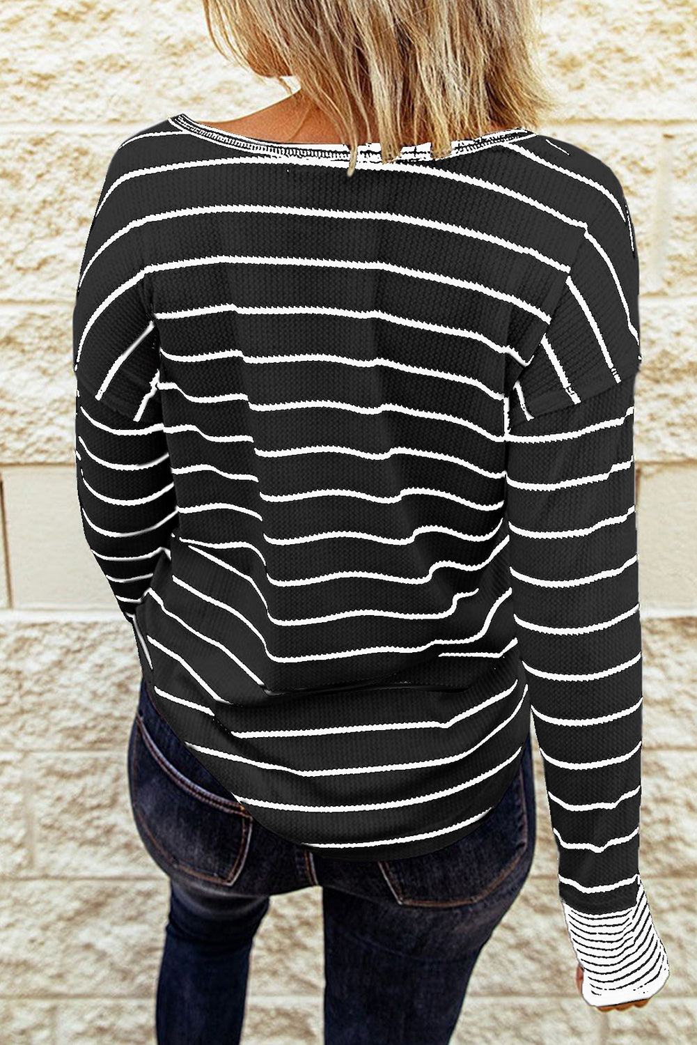 Striped Waffle Knit Henley Long Sleeve | Top