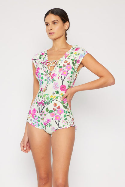 Cherry Blossom Cream V-Neck Floral | One Piece Swimsuit