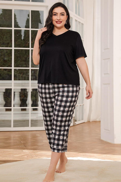 V-Neck Tee + Plaid Cropped Pants | Lounge Set