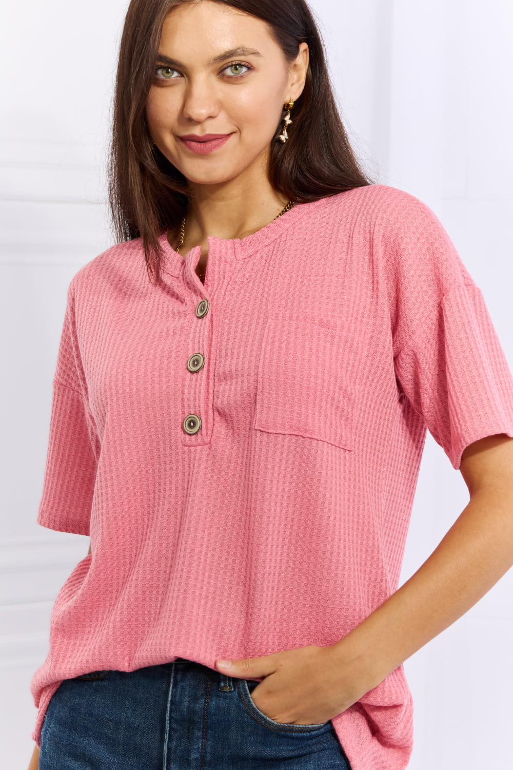 Coral Button-Down Waffle | Top