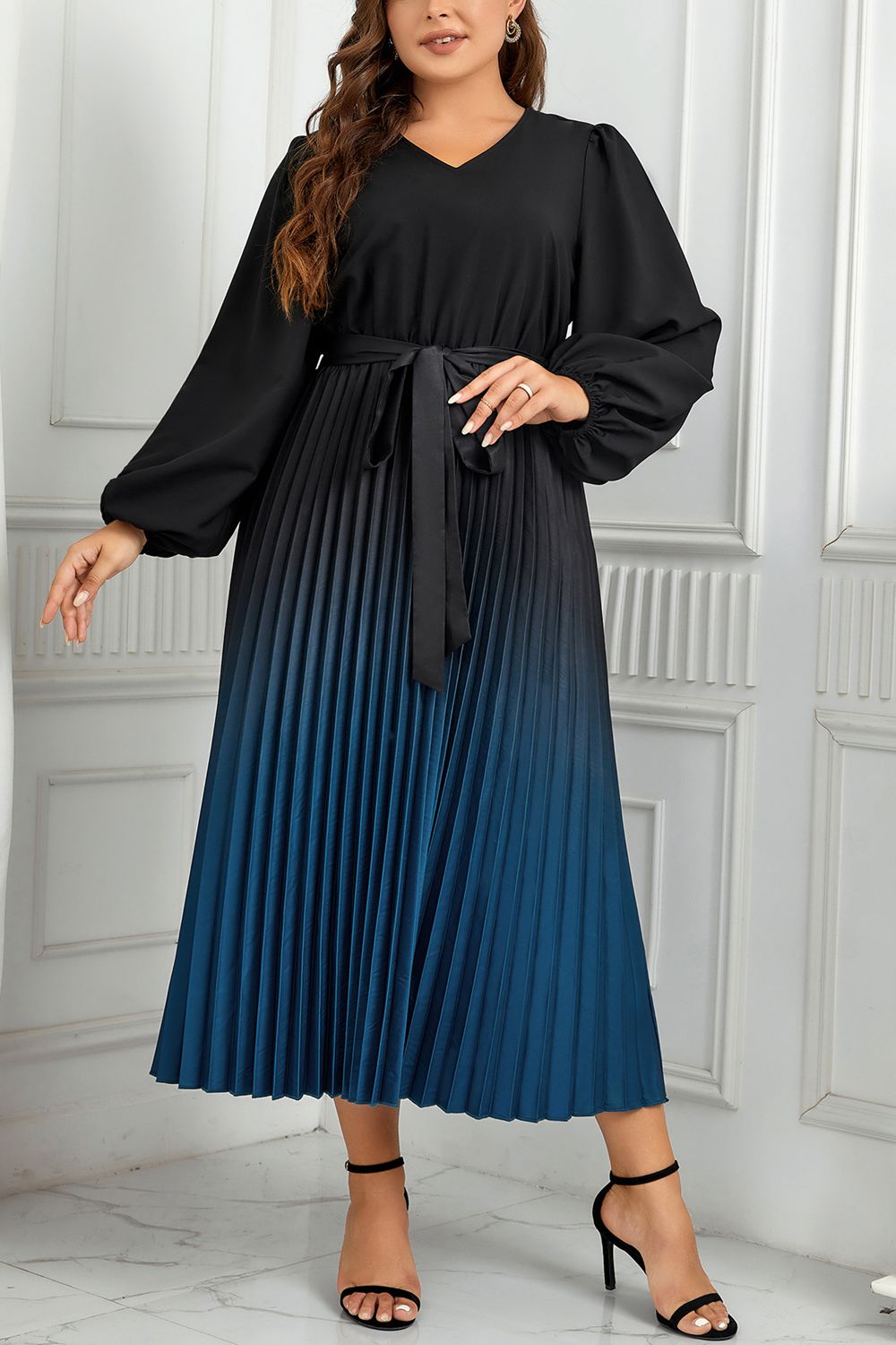 V-Neck Long Sleeve Pleated Tie Waist Midi | Dress