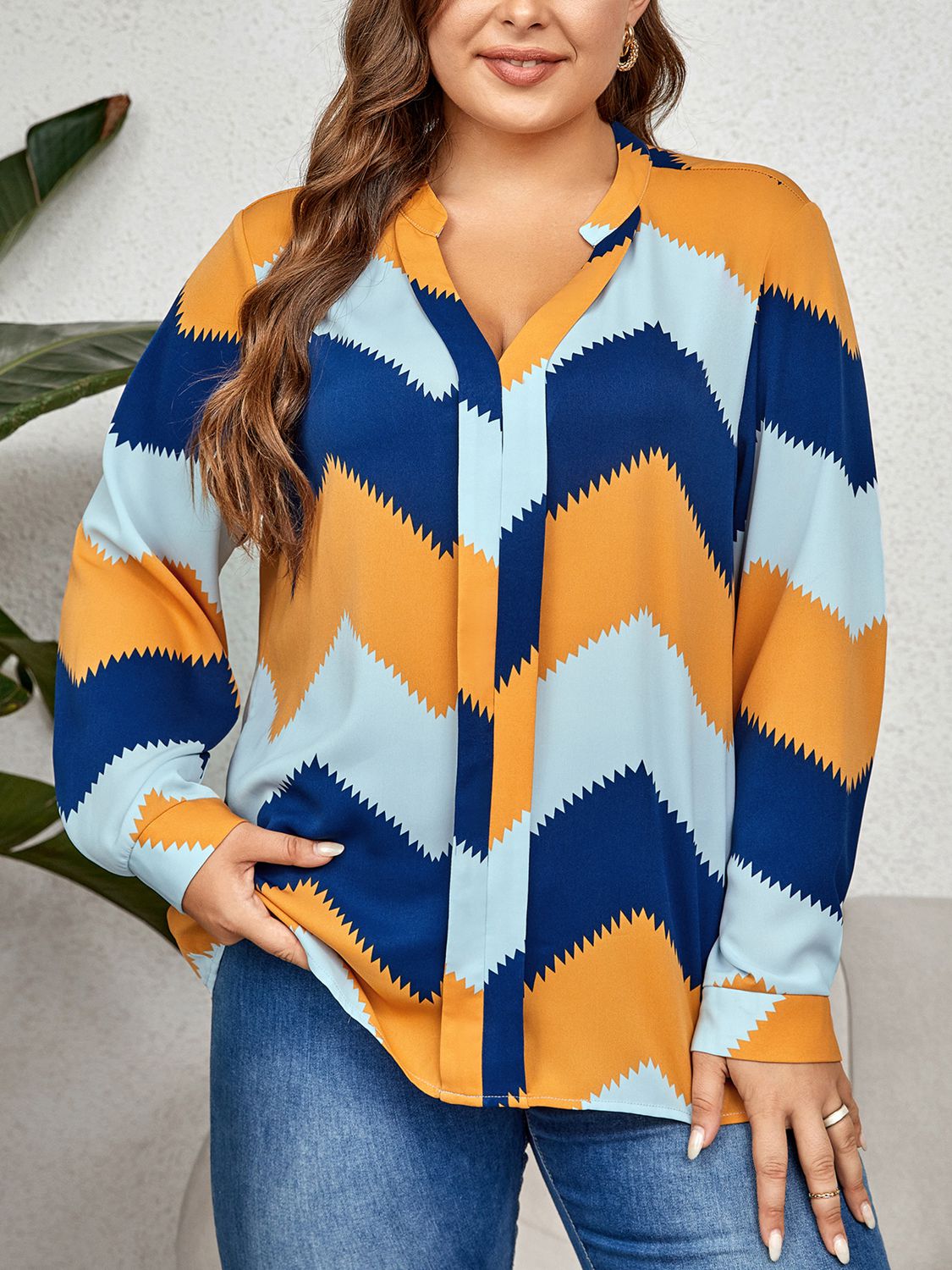 Printed Notched Neck Long Sleeve | Blouse