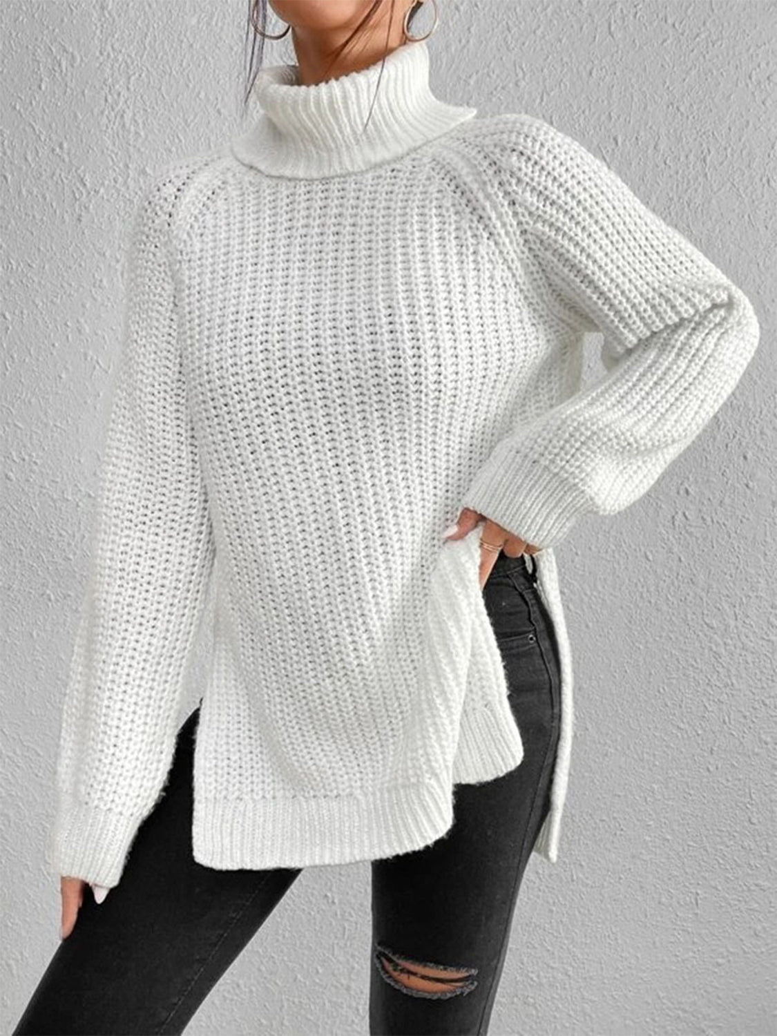 Turtleneck Rib-Knit Slit | Sweater