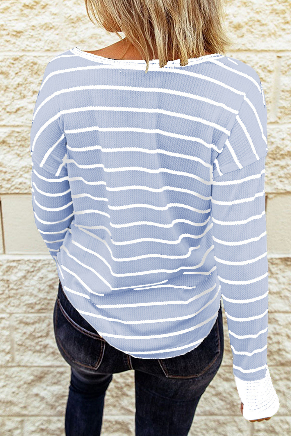 Striped Waffle Knit Henley Long Sleeve | Top