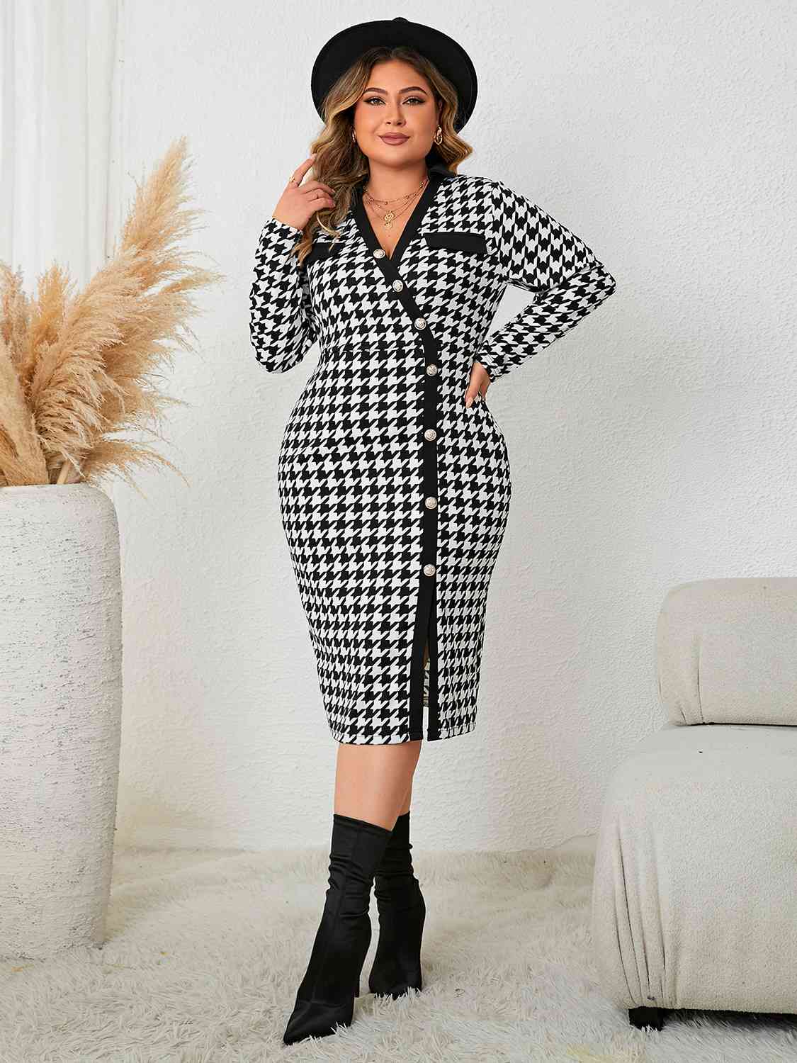 Houndstooth Long Sleeve Slit | Dress