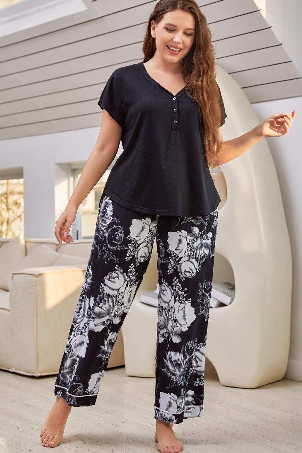 V-Neck Top and Floral Pants | Lounge Set