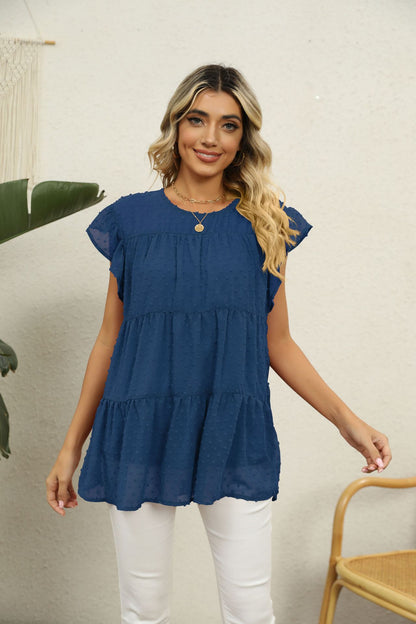 Swiss Dot Round Neck Tiered | Blouse