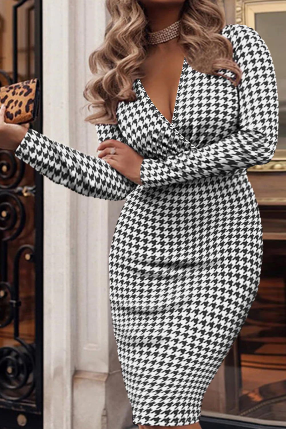 Houndstooth Surplice Neck Long Sleeve Pencil | Dress