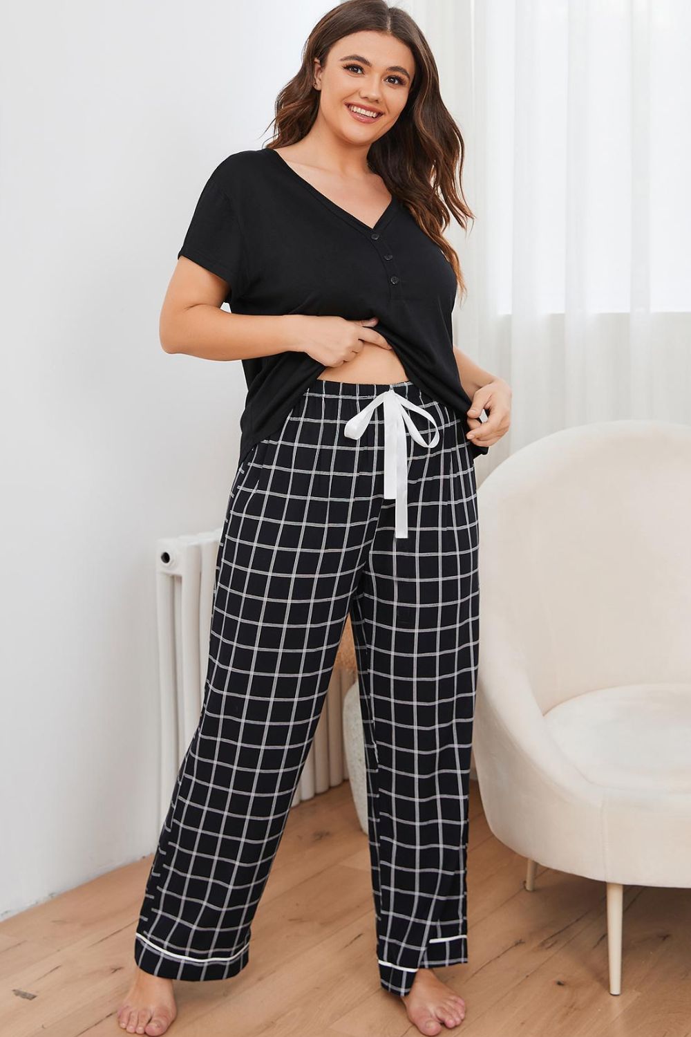V-Neck Top + Plaid Pants | Lounge Set