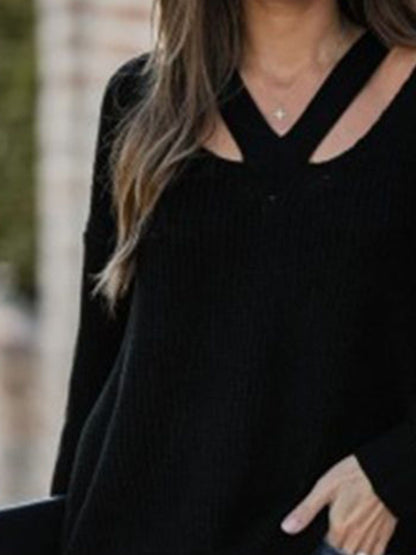 Cutout V-Neck Rib-Knit | Sweater