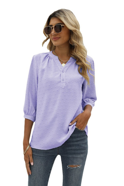 Swiss Dot Notched Neck Three-Quarter Sleeve | Blouse