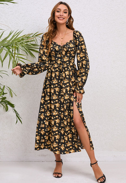 Flounce Sleeve Slit Midi | Dress