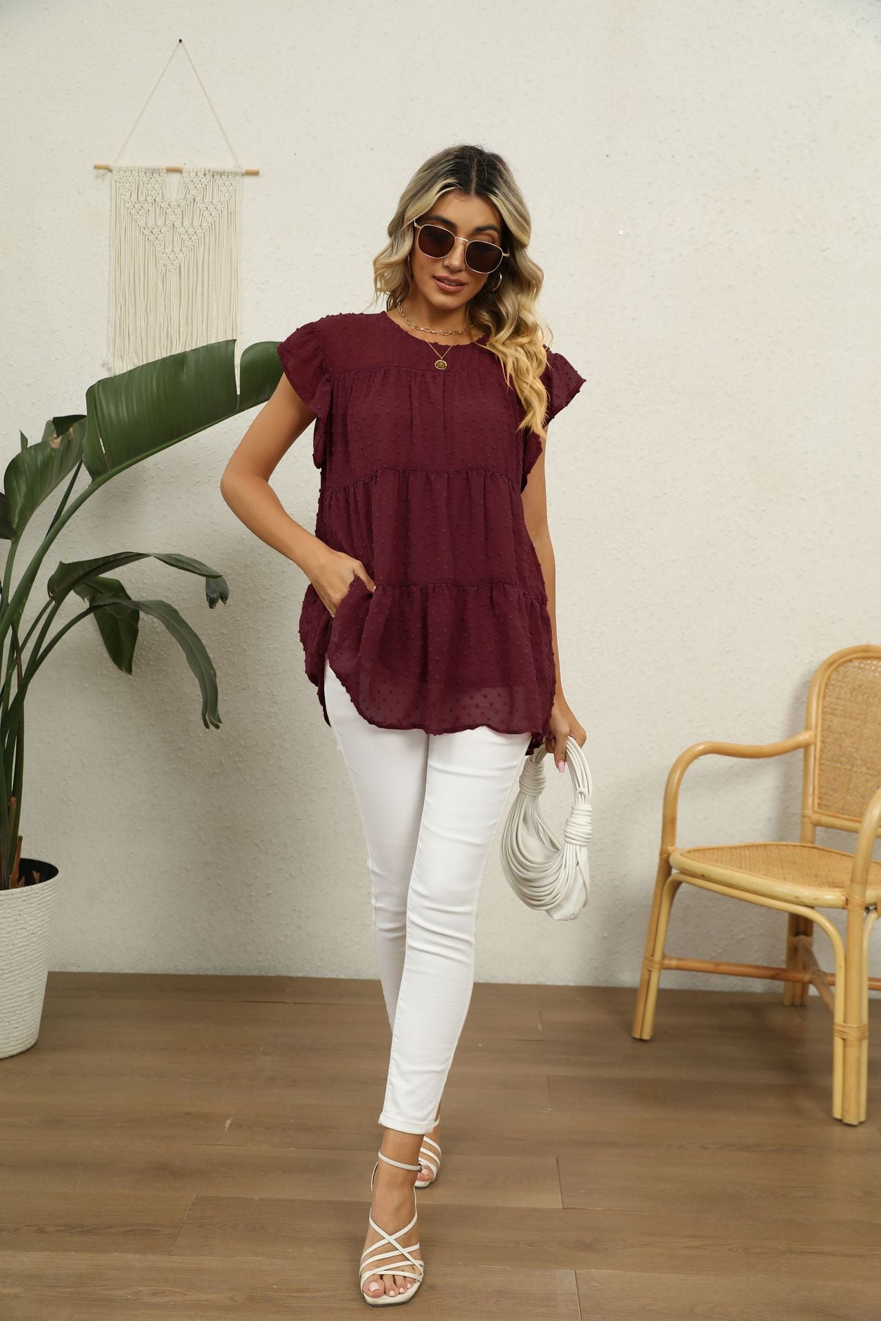 Swiss Dot Round Neck Tiered | Blouse
