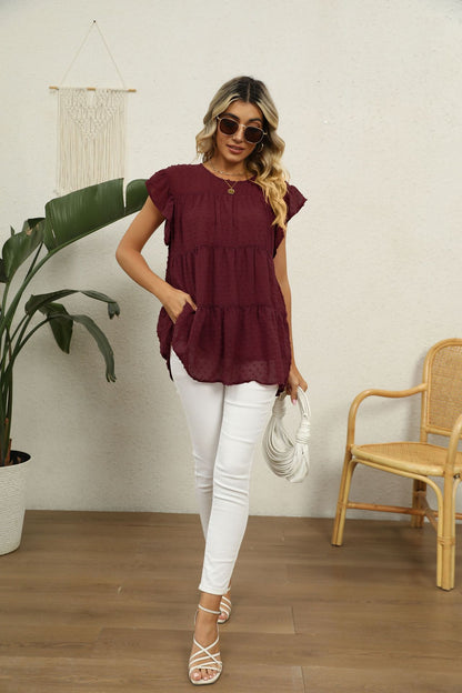 Swiss Dot Round Neck Tiered | Blouse