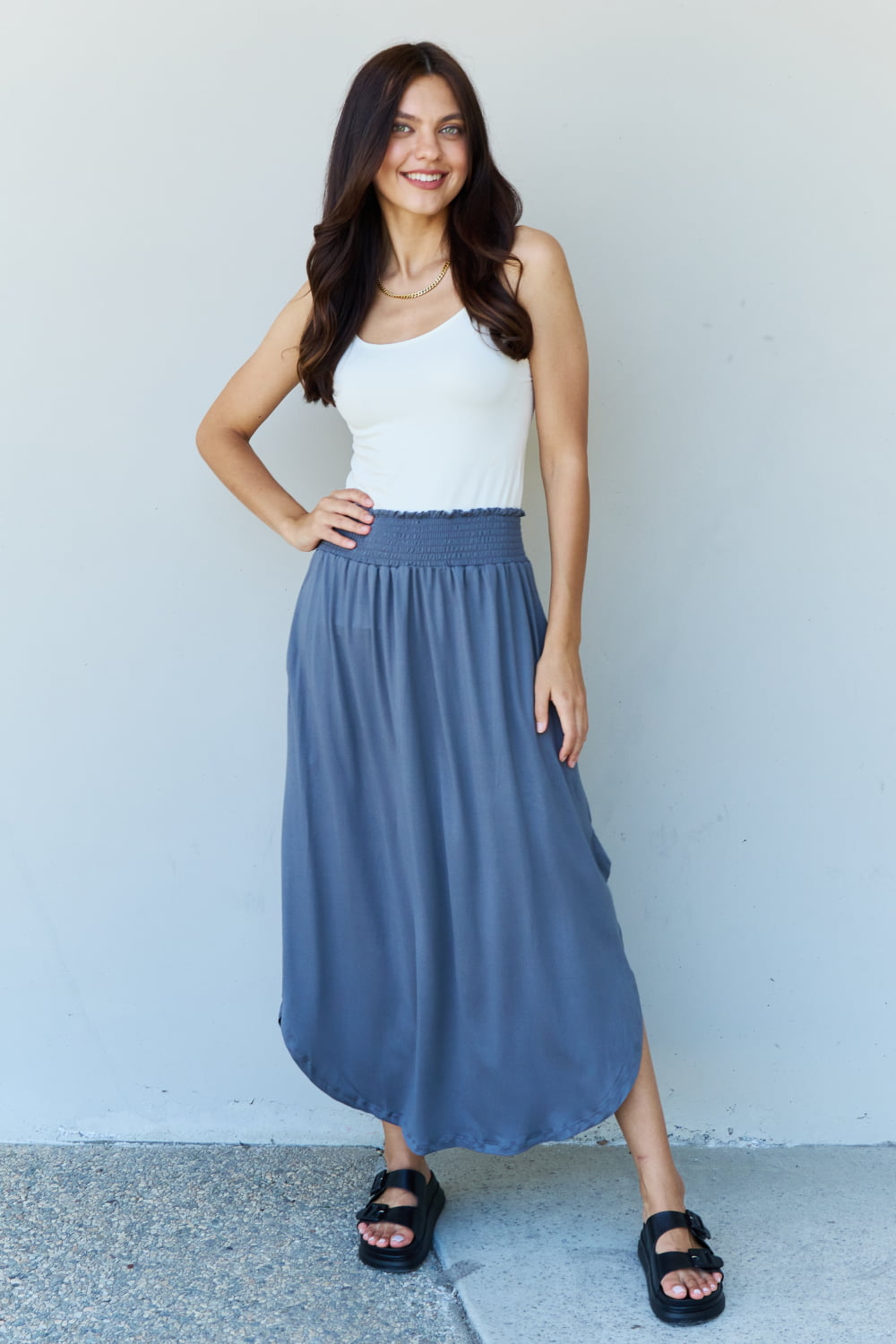 Dusty Blue High Waist Scoop Hem | Maxi Skirt