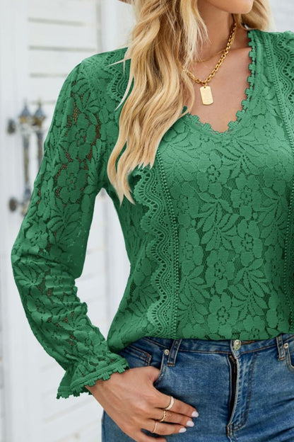 V-Neck Flounce Sleeve Lace | Top