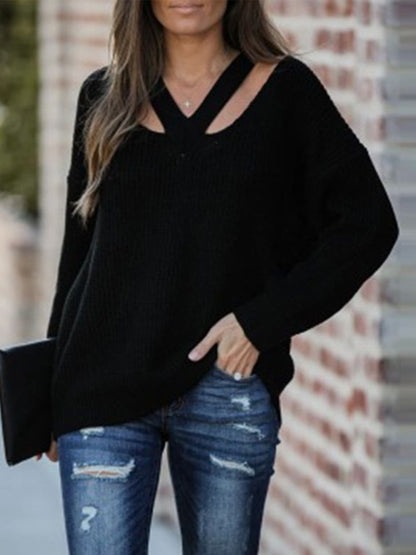 Cutout V-Neck Rib-Knit | Sweater