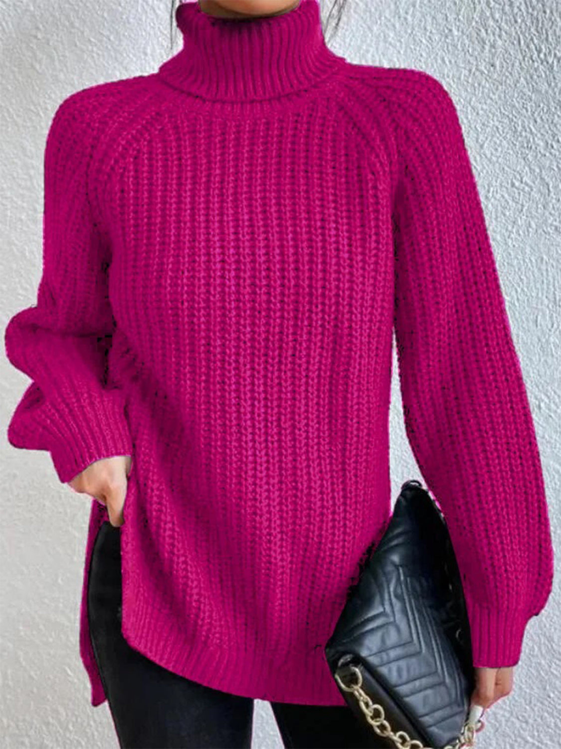 Turtleneck Rib-Knit Slit | Sweater
