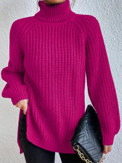 Turtleneck Rib-Knit Slit | Sweater