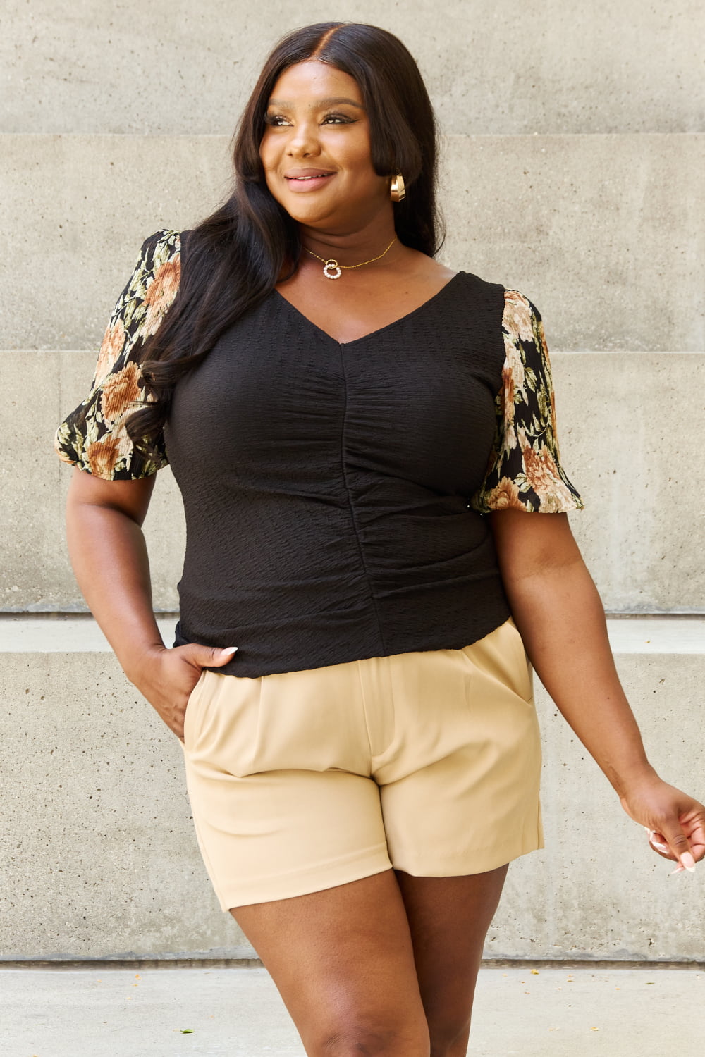 Floral Print Textured Sleeve Knit | Top