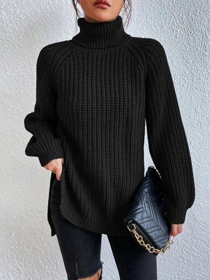 Turtleneck Rib-Knit Slit | Sweater