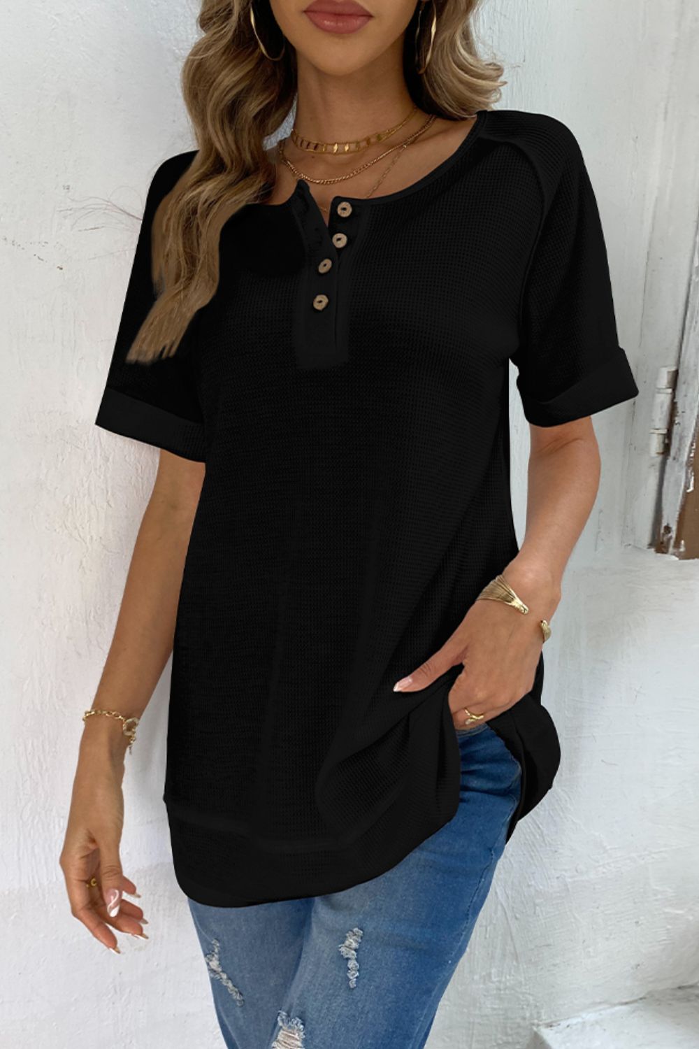 Cuffed Sleeve Henley | Top