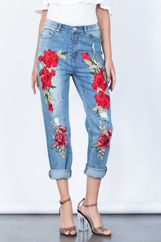 Flower Embroidery Buttoned | Jeans