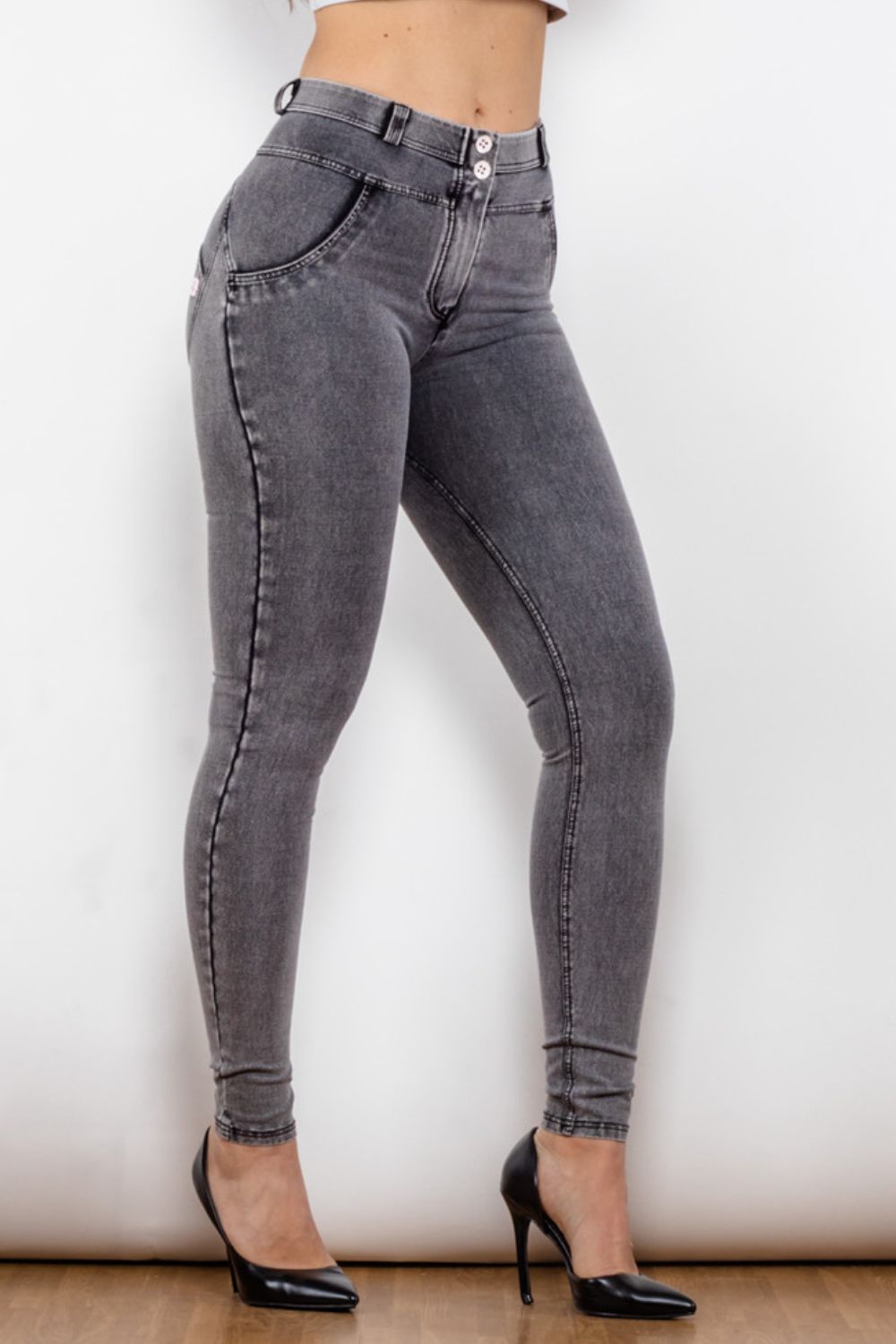 Comfy Huggers Gray Buttoned Skinny Long | Jeans
