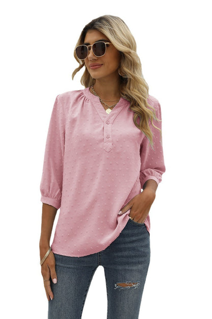 Swiss Dot Notched Neck Three-Quarter Sleeve | Blouse