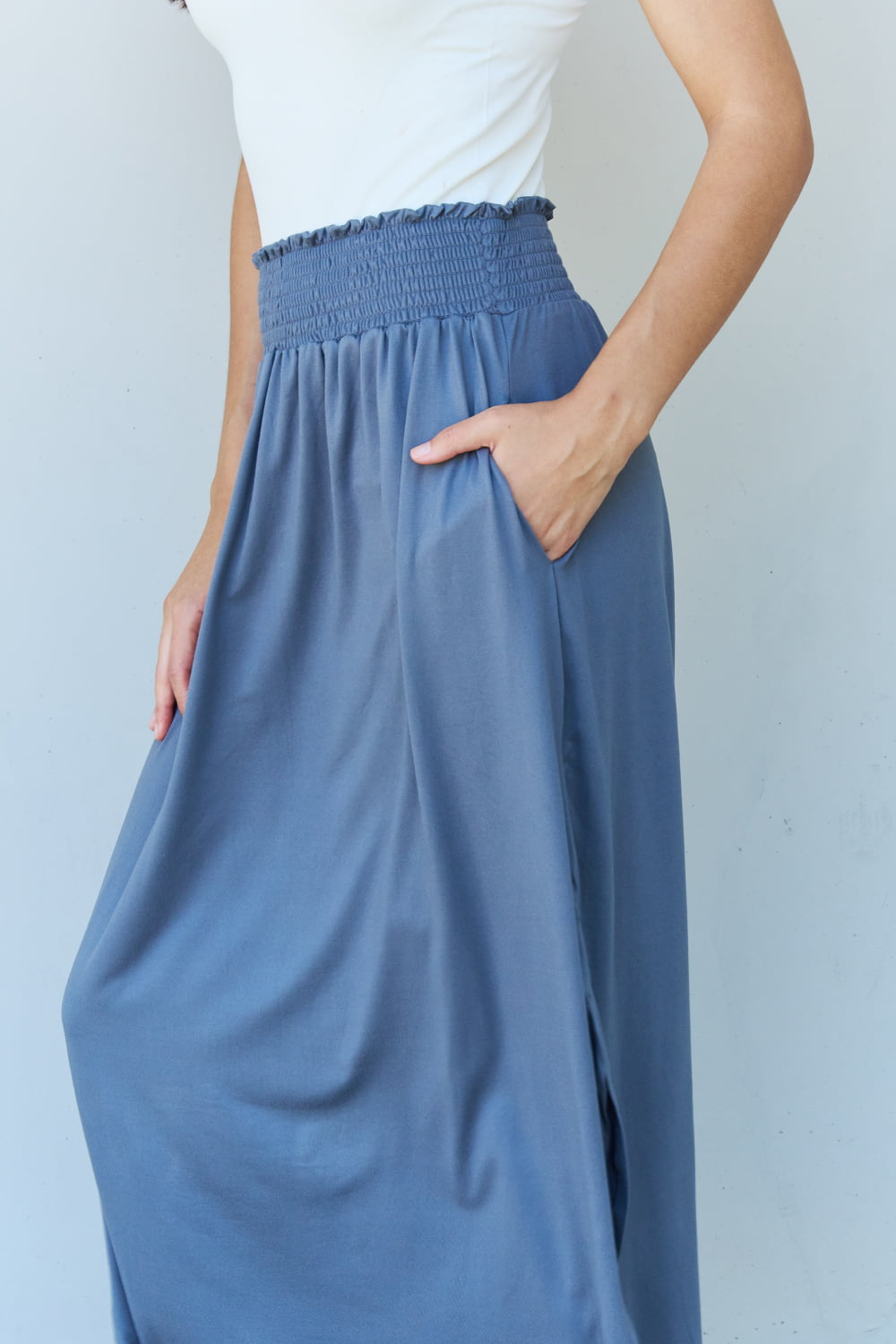 Dusty Blue High Waist Scoop Hem | Maxi Skirt