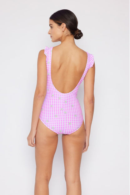 Carnation Pink Ruffle Faux Wrap | One-Piece Swimsuit