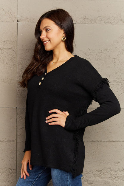 Buttoned Dropped Shoulder Raw Hem Pullover | Sweater