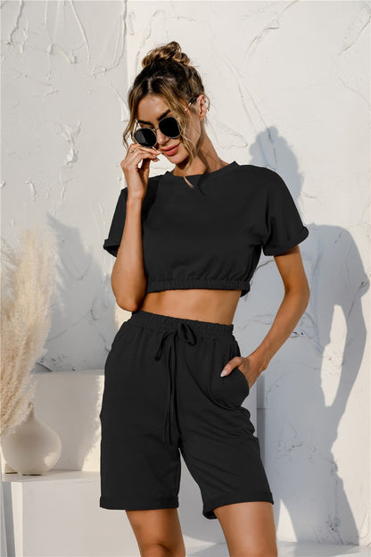 Short Sleeve Cropped Top and Drawstring Shorts | Lounge Set