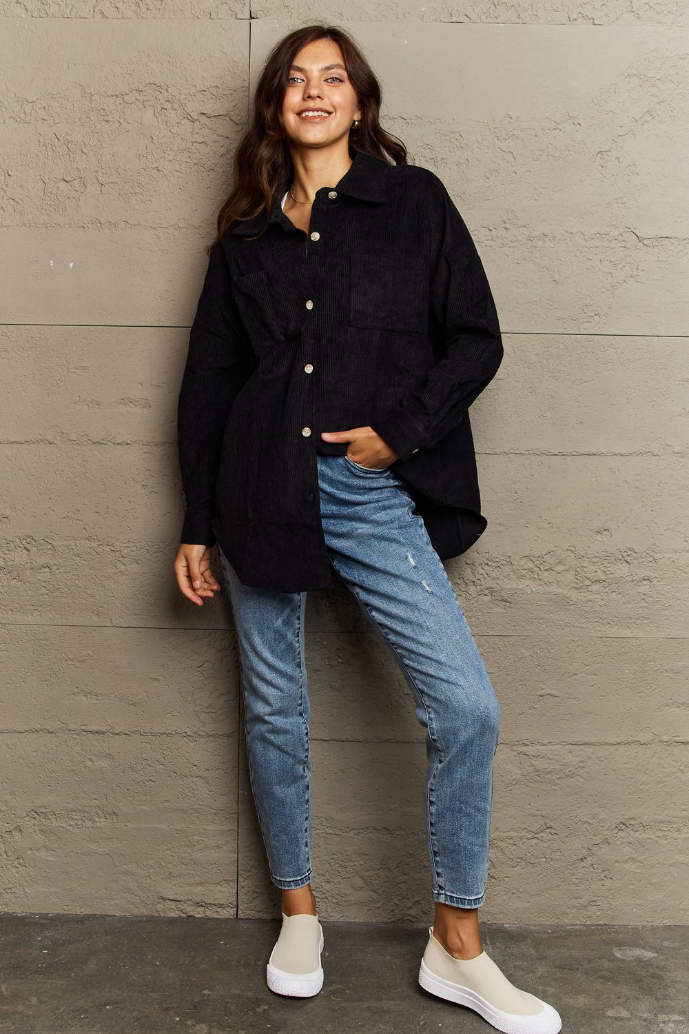Collared Neck Dropped Shoulder Button-Down | Jacket