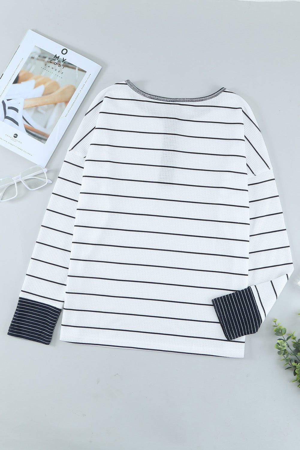 Striped Waffle Knit Henley Long Sleeve | Top