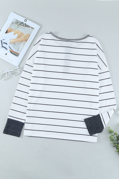 Striped Waffle Knit Henley Long Sleeve | Top
