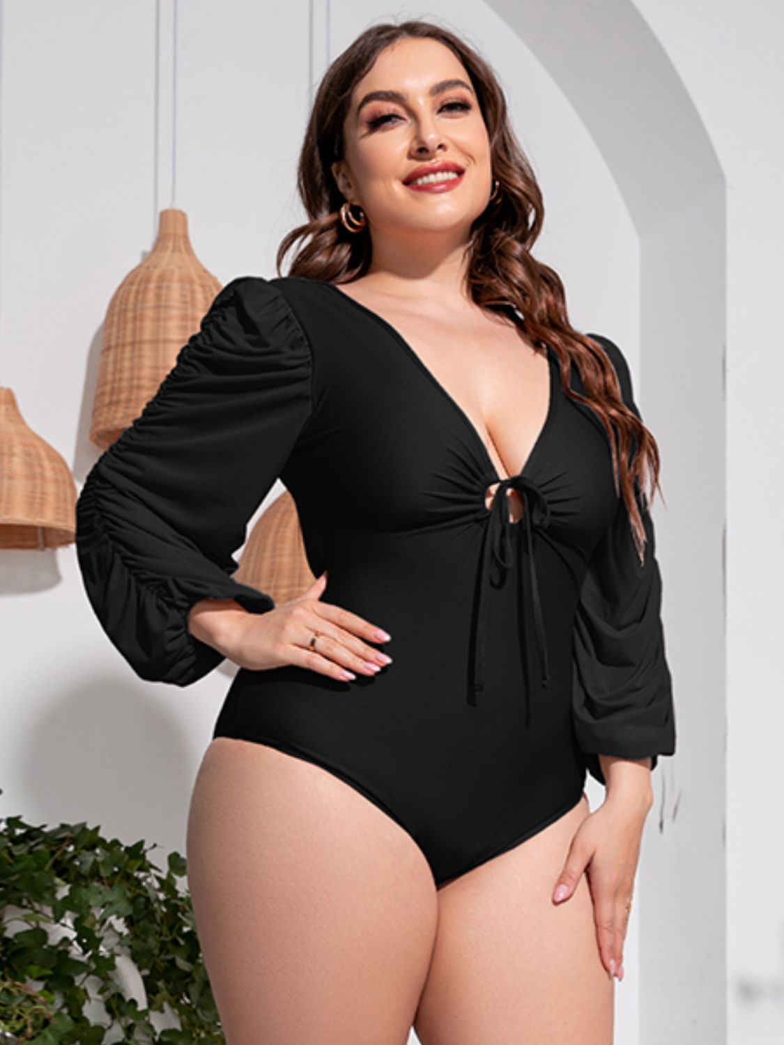 Tied Deep V Balloon Sleeve | One-Piece Swimsuit