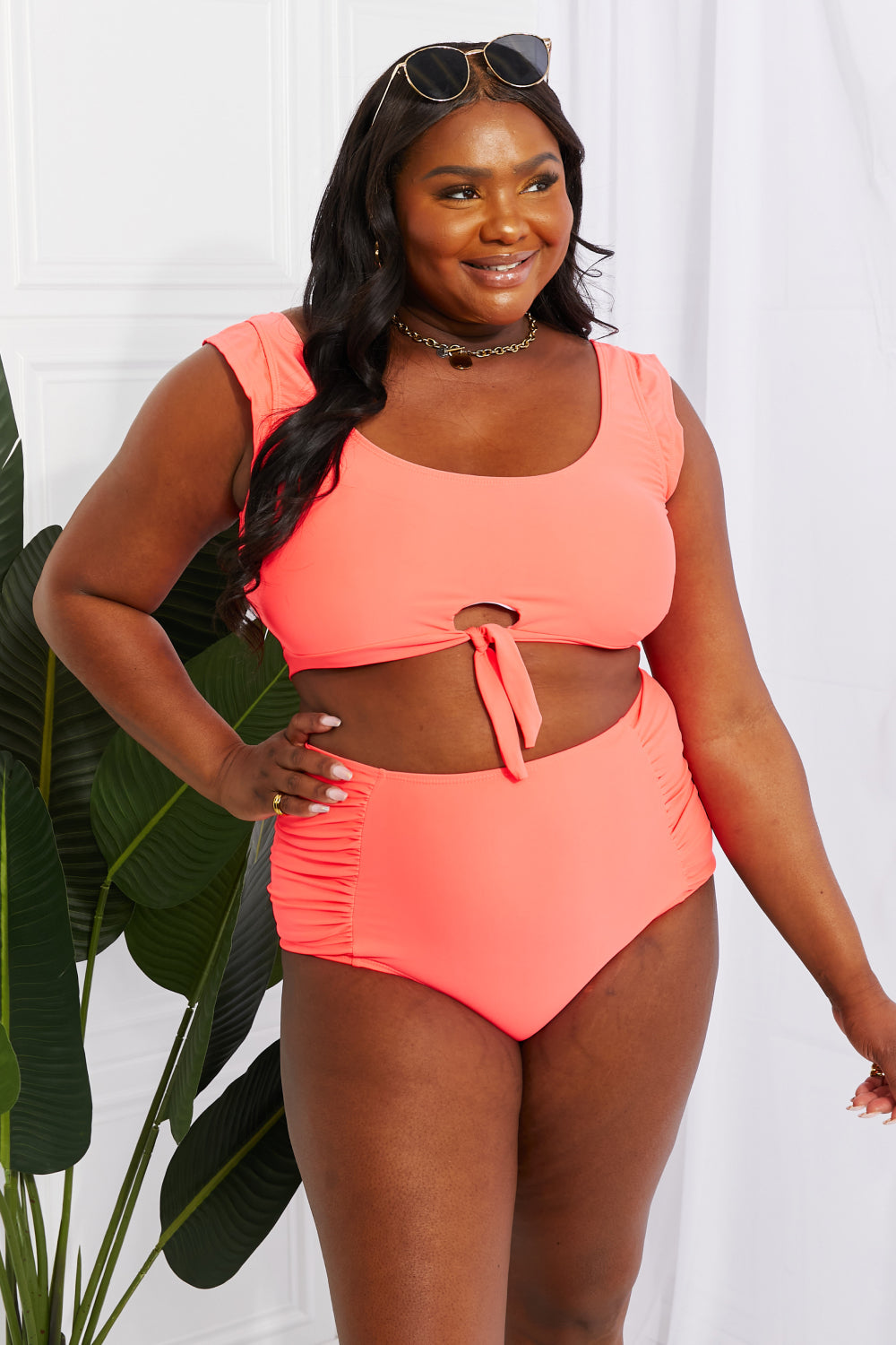 Coral Crop Top and Ruched Bottoms | Swimwear Set